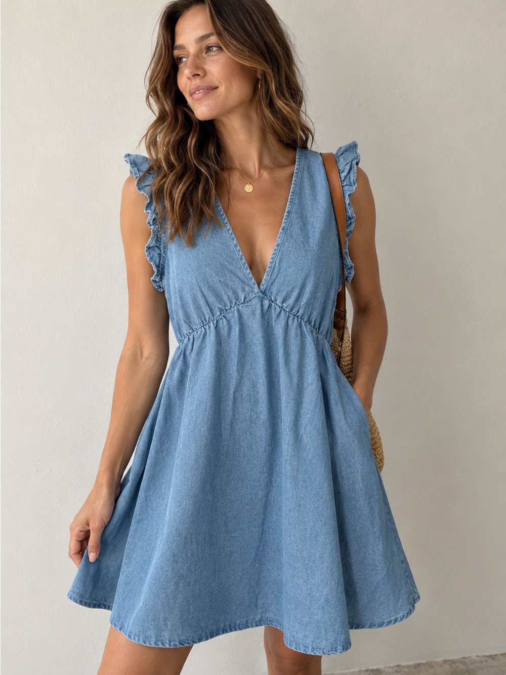 NWT Cupshe First Crush Denim Ruffle Mini Dress Blue Size S